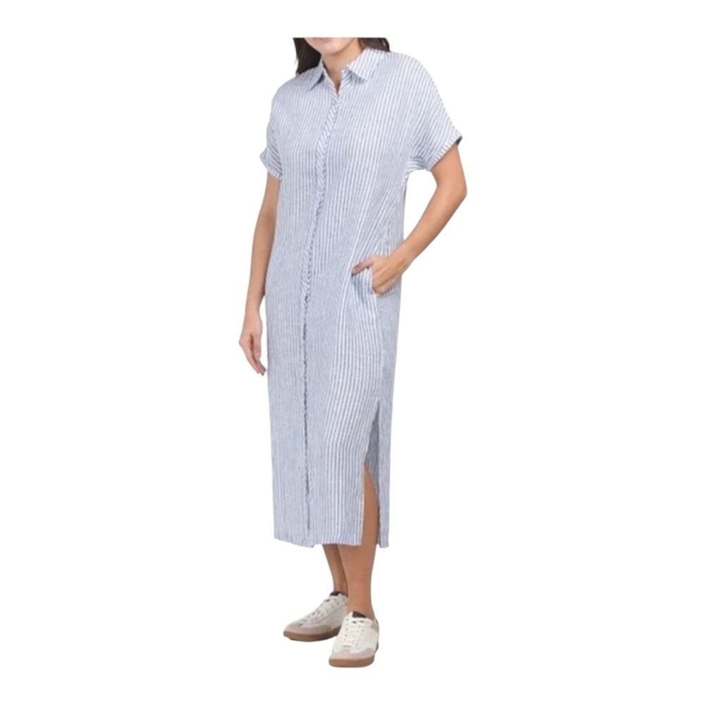 Lucky Brand Linen Blue and White Striped Button Down Midi Dress